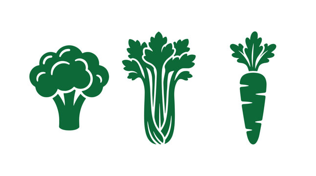 Set of three green vegetable flat icons featuring broccoli celery carrot vegetable broccoli vegetables vegetarian nutrition vitamins ingredients illustration isolated
