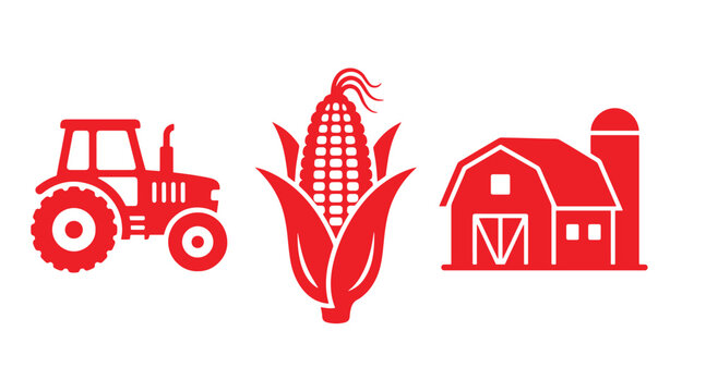 Set of farming and agriculture red icons featuring tractor corn and barn agriculture illustration production cultivation countryside industry agribusiness machinery