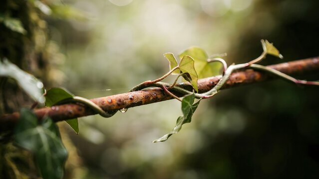 Close-up of a thorny vine branch with leaves in a natural environment