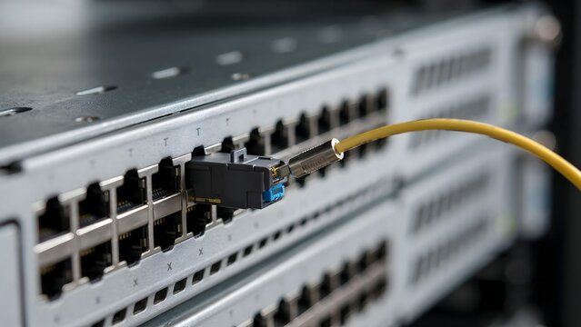Modern network switch panel with Ethernet ports and yellow cable connection