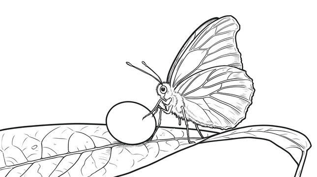 Butterfly perched on berry atop leaf &mdash; coloring page in botanical delicacy and spring tenderness style
