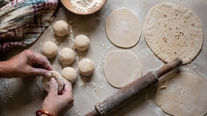 Fototapeta premium Traditional dough preparation for flatbread, hands rolling fresh dough balls on floured surface, rustic kitchen baking process with wooden rolling pin