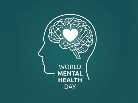 Chalkboard illustration of a human head with a brain and heart for world mental health day