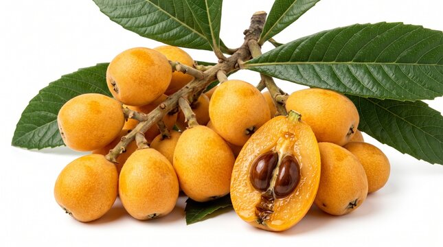 Bunch of ripe fresh loquat fruit with leaves vegetarian nutrition