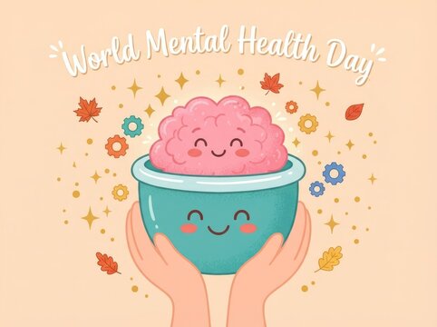 Cute cartoon illustration of a happy brain in a bowl for world mental health day celebration