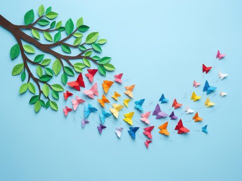 Colorful paper butterflies flying from a green tree branch for world mental health day awareness concept