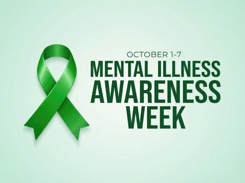 Green ribbon symbol for mental health day and mental illness awareness week campaign on light background