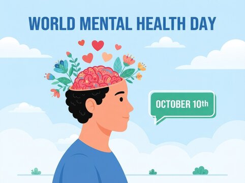 World mental health day illustration featuring a person with flowers and hearts growing from their head