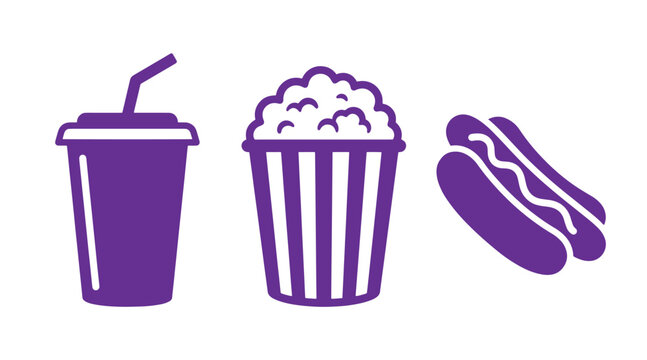 Graphic icon set of fountain drink popcorn tub and hot dog with beverage concession fastfood entertainment refreshment illustration takeaway catering junkfood