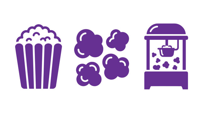 Set of three purple flat vector icons featuring a popcorn bucket individual popcorn kernels a classic cinema popcorn machine for movie snack concepts entertainment isolated