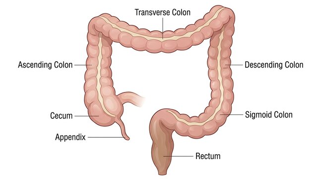 Human large intestine colon anatomy diagram with labeled anatomical structures