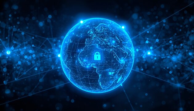 Glowing digital earth globe with security lock. Cyber security concept for global data.