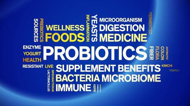Probiotics animated word cloud-animation tag kinetic typography seamless loop.