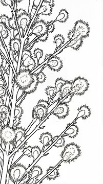 Willow branches with fluffy catkins &mdash; coloring page for Palm Sunday in detailed botanical line art and Orthodox tradition style