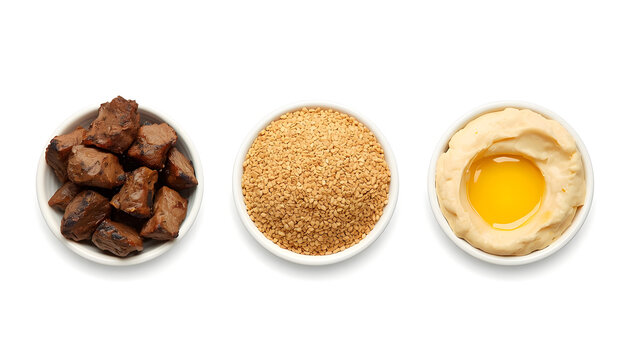 Bowls of hummus, falafel, and couscous. Middle Eastern food selection on white background.