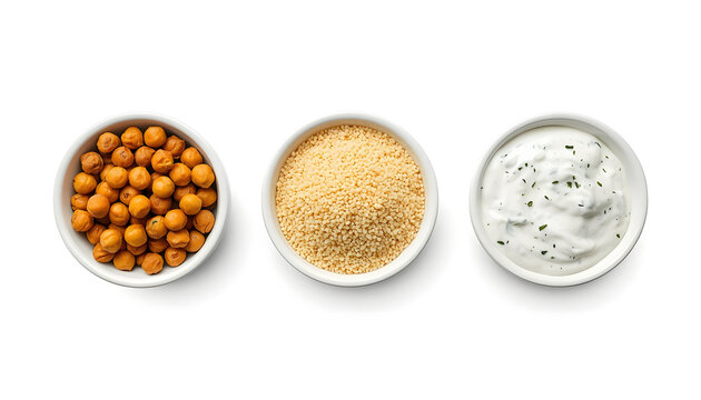 Bowls of roasted chickpeas, couscous and yogurt dip. Healthy vegan food ingredients top view.