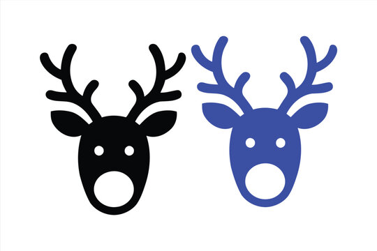 Reindeer head icon set, simple flat design of a deer face with antlers, festive holiday symbol, vector illustration