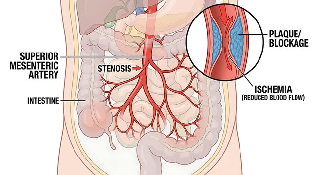Superior mesenteric artery ischemia and plaque blockage medical illustration