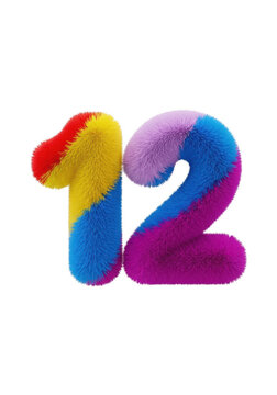 Colorful fluffy number twelve made of soft fur texture