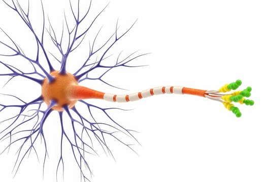 Colorful neuron cell with branching dendrites and long axon