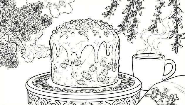 Easter kulich with icing and berries on ornate plate &mdash; coloring page for Easter in homey festive comfort and traditional baking style