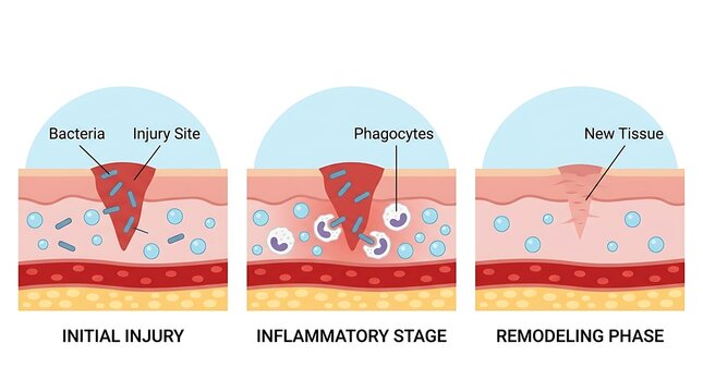 Medical illustration of human skin wound healing stages and tissue regeneration