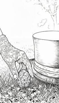 Hand in lace glove placing Easter egg beside top hat &mdash; coloring page for Easter in Victorian elegance and delicate symbolism style