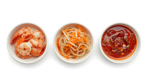 Three bowls of Asian appetizers. Shrimp, vegetable salad, and spicy chili dipping sauce.