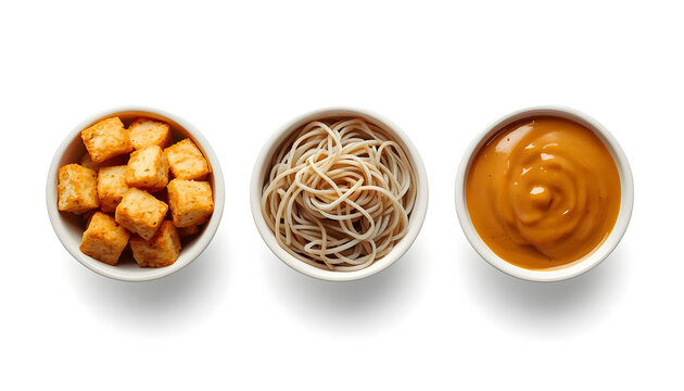Three bowls of Asian food ingredients. Tofu, soba noodles, and peanut sauce on white.