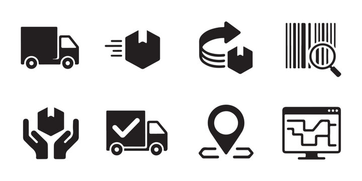 Logistic delivery icons with truck cardboard box barcode scan return arrow and tracking map interface.