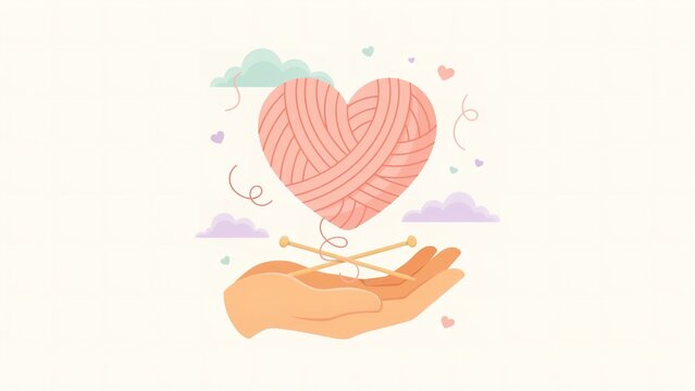 Cute hand holding crossed knitting needles and heart shaped pink yarn ball isolated on beige background vector