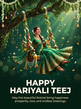 Happy hariyali teej celebration greeting card featuring a woman on a floral swing