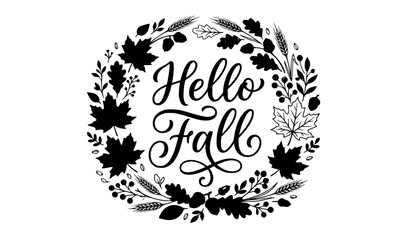 Fototapeta premium Hello Fall Lettering Vector Design with Autumn Leaves and Harvest Festival Decorative Elements