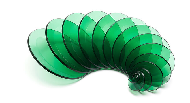 Stacked translucent green discs forming a spiral on white background