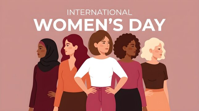 International Women's Day card with Five strong girls of different cultures and ethnicities stand together. Vector concept of gender equality and of the female empowerment movement