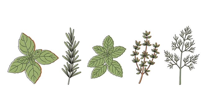 Five culinary herbs basil, rosemary, mint, thyme, and dill, presented in a line