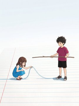Two children playing with a string and stick on the ground