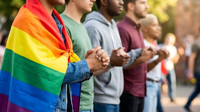 Group of lgbt people holding hands outside - Diverse happy friends hugging outdoors - Gay pride concept with crowd of guys and girls standing together on city street