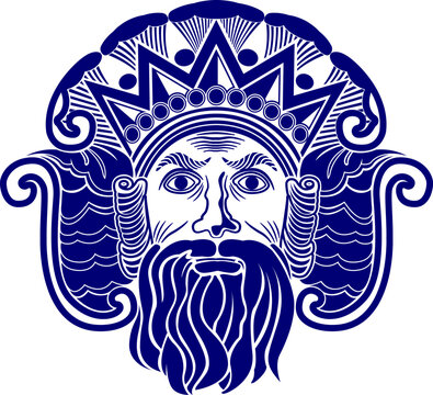 Neptune god of the sea, fantasy line vector illustration on white background