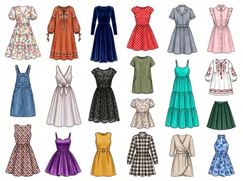 a set of twenty one colorful women dress illustrations displayed on a plain white background