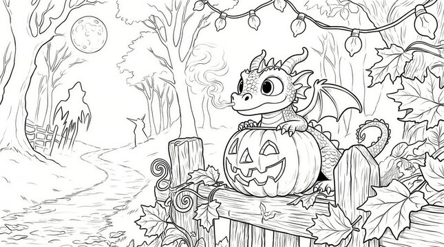 Little dragon perched on jack-o'-lantern by fence in forest &mdash; Halloween coloring page in fairy-tale mystique and friendly wonder style