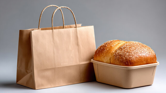 Bakery pickup and delivery packaging mockup with kraft paper bag and compostable loaf container for branding, menu photography, product listing and bakery packaging design