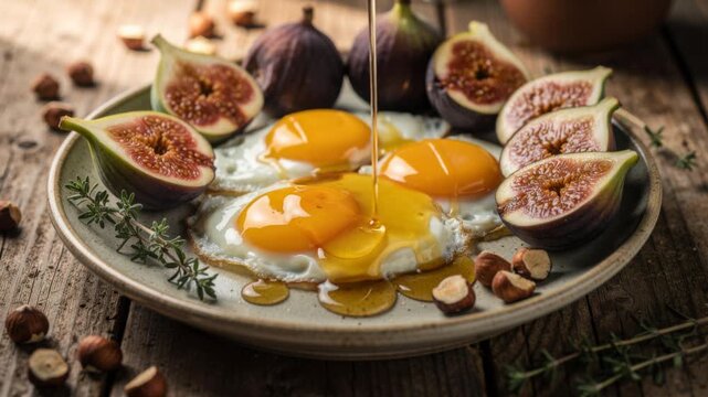 Delicious breakfast with fried eggs fresh figs honey and nuts on rustic wooden table