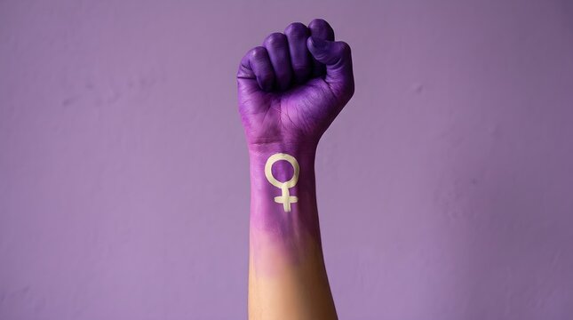 Raised purple fist of a woman for international women's day and the feminist movement. March 8 for feminism, independence, freedom, empowerment, and activism for women right