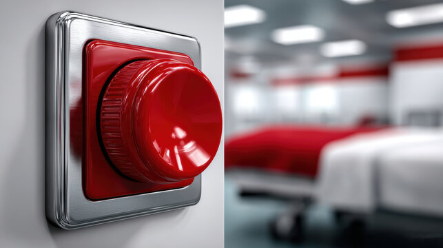 Red emergency call button on hospital corridor wall for health facility alarm background signage and safety system design