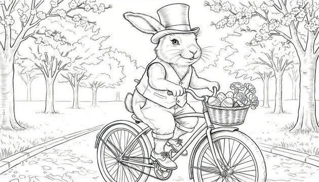 Rabbit in top hat riding bicycle with egg basket &mdash; Easter coloring page in Victorian spring elegance and charm style