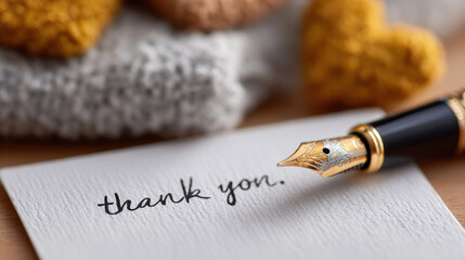 Fototapeta premium Closeup fountain pen writing thank you on textured paper with knitted heart and cozy background for greeting card stationery and sentimental message compositions