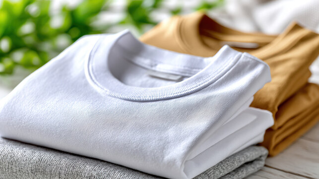 Stack of folded t shirts with white and brown colors arranged on table near blurred green plants showing layered fabric texture in interior lifestyle scene