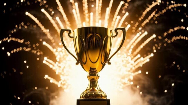 Golden trophy cup with bright fireworks celebration background for success and achievement