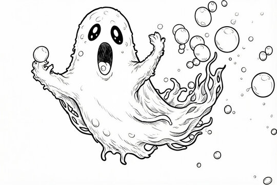 Cute yet spooky ghost with bubbles &mdash; Halloween coloring page in friendly mystique and children&rsquo;s fantasy style